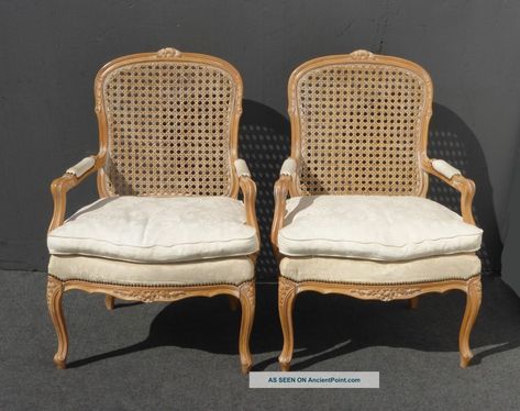 Vintage French Provincial Wood Cane Back Upholstered White Arm Chairs French Country Chairs, French Provincial Chair, Reupholster Chair, Cane Furniture, Cane Chair, French Chairs, Armchair Furniture, Antique Chairs, Vintage Interiors