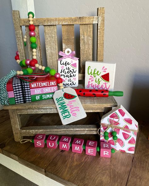 Watermelon Decorations, Tired Trays, Summertime Ideas, Watermelon Diy, Diy Summer Decor, Watermelon Crafts, Watermelon Theme, Farmhouse Tiered Tray Decor, Railing Designs