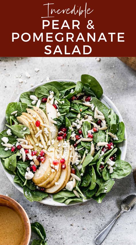 Fresh pomegranate pear salad with greens in a serving bowl, topped with pomegranate seeds and pear slices. Pear Recipes Healthy, Pear And Pomegranate Salad, Fresh Pear Recipes, Holiday Salad, Holiday Salads, Best Salads, Feta Cheese Salad, Roasted Pear, Tastes Better From Scratch