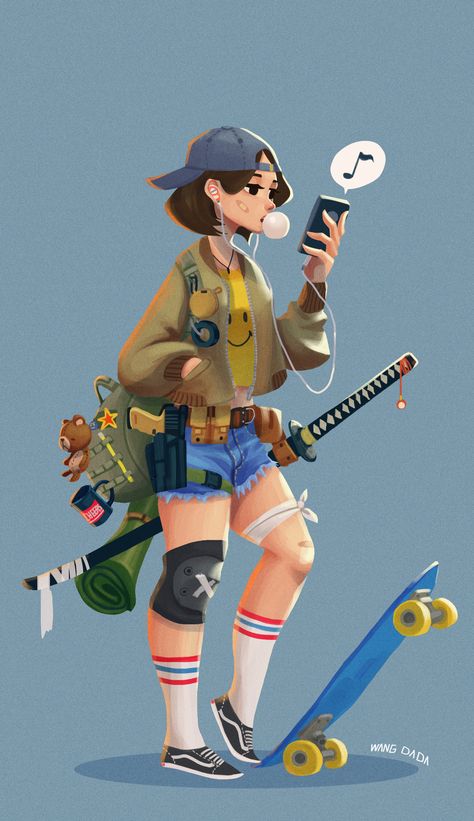 ArtStation - skater girl, wang dada Skater Cartoon Character, Skater Pfp Cartoon, Skater Art Drawing, Skater Character Design, Skateboard Girl Aesthetic, Skater Girl Drawing, Tomboy Cartoon, Skating Character, Skateboarding Drawing