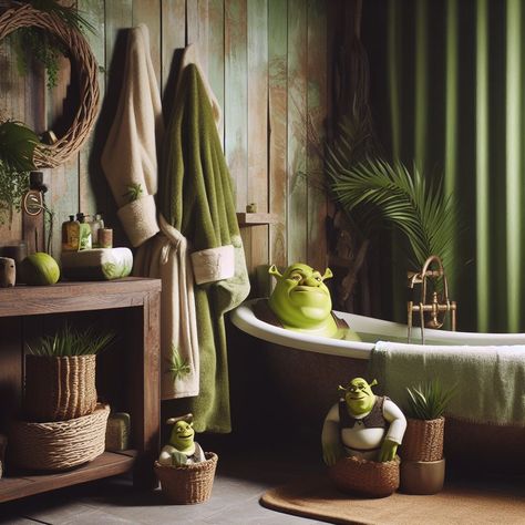 Hotel Shrek Amenities/Detalles Shrek Bathroom, Themed Dinner, Dinner Themes, Shrek, House Inspiration, Bedroom Makeover, Bathroom Interior, House Ideas, Bathroom Decor