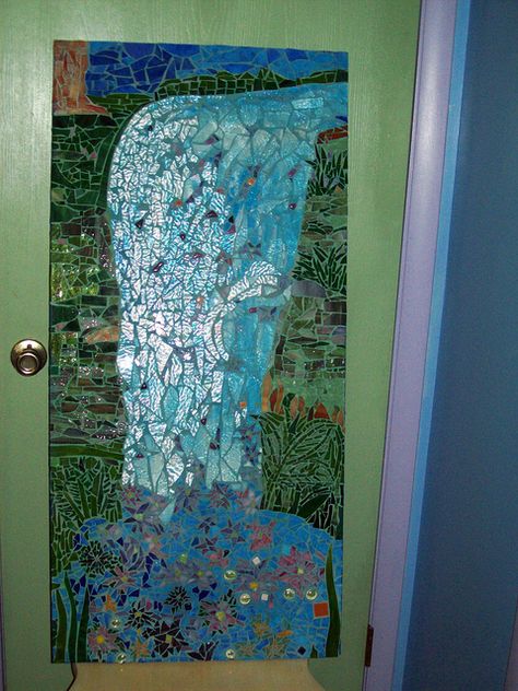 mosaic pictures of waterfalls | Commission Mosaic Waterfall Waterfall Mosaic, Whimsical Bathroom, Glass Waterfall, Mosaic Garden Art, Mosaic Pictures, Bottle Wall, Mosaic Garden, Recycled Art, Fused Glass Art