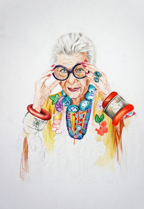 Iris Apfel drawing on paper Fall Fashion Skirts, Modern Art Paintings Abstract, Rare Birds, Art Painting Gallery, Fashion Design Sketches, Women In History, Spirit Animal, Pretty Pictures, Style Icons