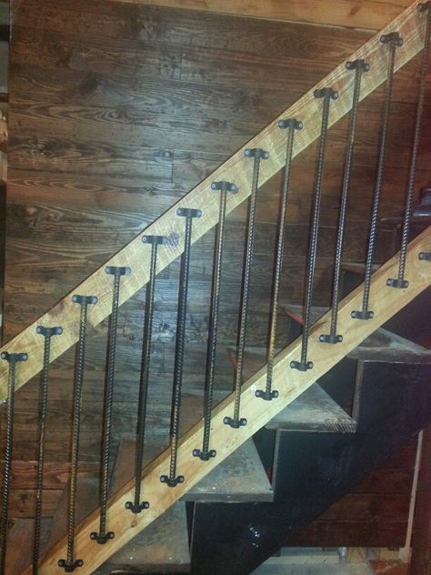 Our new railing from rebar Inexpensive Stair Railing, Rustic Stair Railing Ideas, Rustic Stair Railing, Loft Railings, Rebar Railing, Wood Pillars, Rustic Stairs, Young House, Basement Stairs