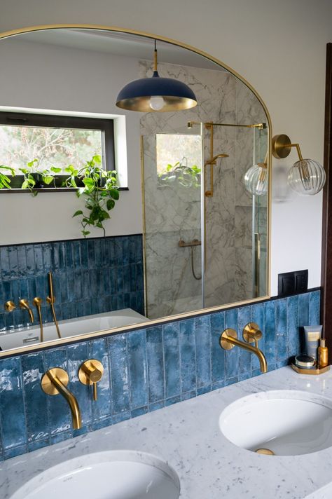 Unusual Mirrors, Silent Witness, Unusual House, Styl Hampton, Bathroom Retreat, Gold Fixtures, Bedroom Closet Design, Blue Tile, Double Sink Vanity