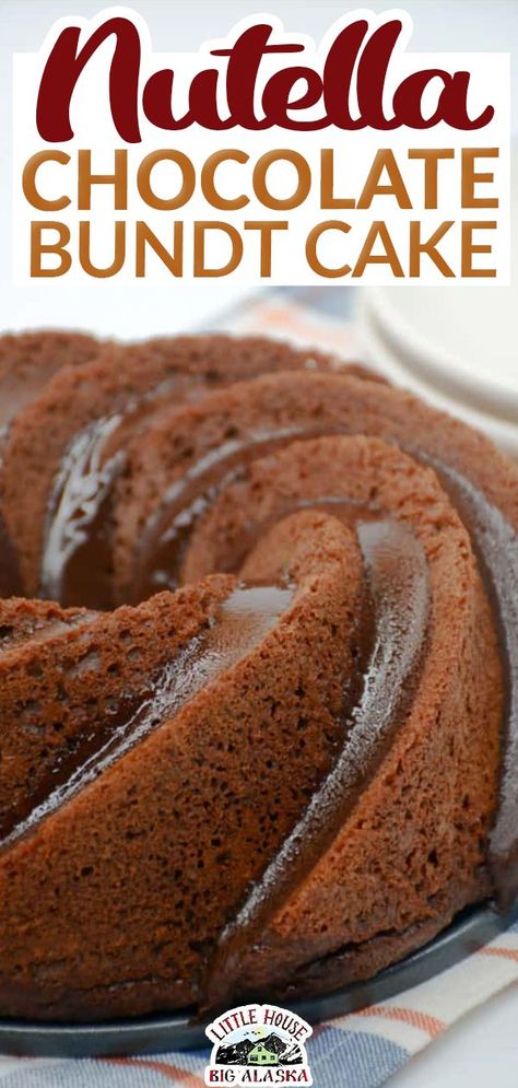 This is going to be your new favorite cake recipe. This Nutella Chocolate Bundt Cake drizzled with a Nutella Chocolate Ganache makes for happy faces all around. Everyone loves Nutella! Start with a luscious chocolate bundt cake, kick it up with Nutella and melted chocolate, and bake it up. Once it’s cooled glaze it with an easy, but classy Nutella Chocolate Ganache! | @LttlHouseBigAK Nutella Bundt Cake, Bundt Cake Glaze, Bundt Cake Mix, Gbbo Recipes, Chocolate Bundt Cake Recipe, Bunt Cake Recipe, Alaska Food, Pumpkin Bundt Cake, Chocolate Bundt