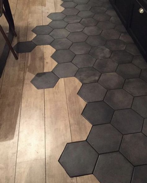 Hexagon Tile Fireplace, Octagon Tile Bathroom, Octagon Tile Floor, Black Hexagon Floor, Hexagon Flooring, Large Hexagon Tile, Hexagon Tile Kitchen, Tile To Wood Transition, Hexagon Tile Bathroom