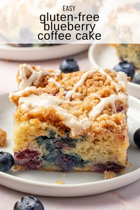 This gluten-free blueberry coffee cake is moist with an buttery streusel topping and sweet glaze. Each slice is packed with juicy blueberries, perfect for entertaining at breakfast or brunch. Easy to make and thoroughly tested, this recipe ensures delicious, reliable results every time. Blueberry Bread Gluten Free, Gluten Free Blueberry Bread, Gluten Free Blueberry Recipes, Gluten Free Coffee Cake Recipe, Blueberry Sour Cream Coffee Cake, Blueberry Coffee Cake Recipe, Gluten Free Coffee Cake, Blueberry Loaf, Sweet Glaze