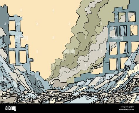 Destroyed City Art, Destroyed Building Drawing, Destroyed City Drawing, Ruins Illustration, Dark Cowboy, Manga Background, Destroyed City, Retro Vector Illustration, Pop Art Retro