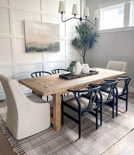 Homemade Dining Room Tables, Modern Home Dining Room, Dining Room Neutrals, Dining Room Decor Long Table, Long Dining Table Styling, Extra Long Dining Room Table, Dining Room Design Organic Modern, Large Wall Mirror Dining Room, Dining Room Mixed Chairs