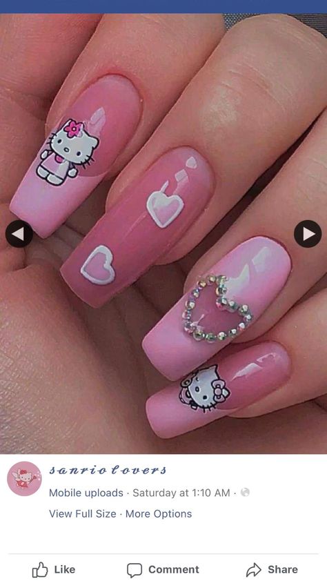 Paznokcie Hello Kitty, Hello Kitty Nail, Hello Kitty Nails Art, Kitty Nail, Cat Nail Art, Hello Kitty Nails, Really Cute Nails, Acrylic Nails Coffin Pink, Cat Nails