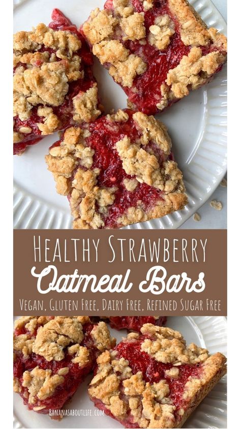 These strawberry oatmeal bars have the perfect crumbly oatmeal layers with a sweet gooey strawberry filling. You'll love these oatmeal bars for dessert, breakfast or a snack! This healthy treat recipe is also vegan, gluten free, dairy free and refined sugar free. Healthy Strawberry Desserts Clean Eating, Healthy Strawberry Oatmeal Bars, Strawberry Yogurt Granola Bars, Gluten Free Strawberry Bars, Healthy Oatmeal Bars Clean Eating, Gf Oatmeal Bars, Homemade Strawberry Granola Bars, Healthy Pastry Recipes, Healthy Bars Recipes