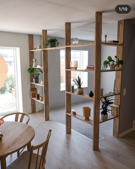 Half Shelf Wall, Narrow Dining Room Ideas Small Spaces, Tall Narrow Wall Decor Ideas, Wall Divider Ideas, Bookshelf Room Divider, Apartment Ideas Aesthetic, Seating Ideas, Simple Meals, Tiny Studio