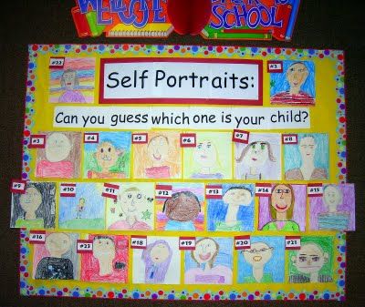 Self Portraits Bulletin Board: Display at Back to School Night and have parents try and guess which one is their child! Curriculum Night, School Open House, Back To School Night, Teacher Conferences, Parent Teacher Conferences, School Night, School Opening, Ecole Art, Self Portraits