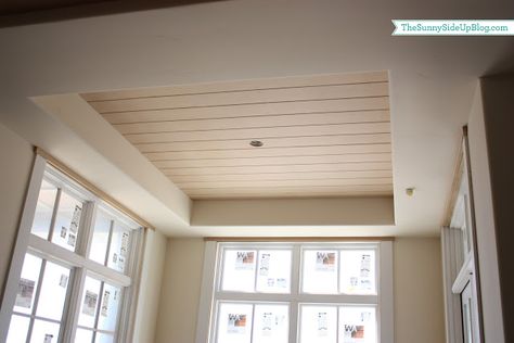 Ceiling millwork Tongue And Groove Tray Ceiling, White Tongue And Groove Ceiling, Crawford Ceiling, Drop Ceiling Makeover, Tray Ceiling Ideas, Groove Ceiling, Box Ceiling, White Tongue, Decorative Light Switch Covers