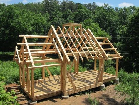 Wood Roof Design, Tiny Timber Frame, Timber Frame Joinery, Casa Hobbit, Timber Frame Building, Timber Frame Construction, Backyard Pavilion, Cabin House Plans, Shop Kitchen