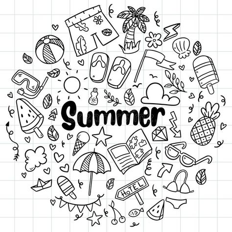 Doodles Summer, Beach Doodles, Chalkboard Illustration, Calendar Doodles, Travel Doodles, Doodle Art Letters, Planner Doodles, Vector Symbols, Summer Drawings