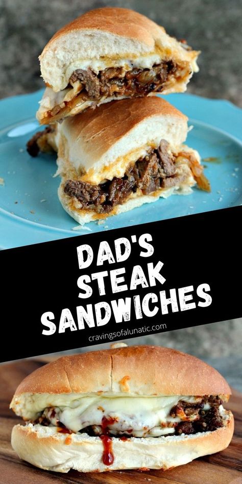 Collage image featuring two photos of a steak sandwich. Top image is a steak sandwich cut in half and stacked on a plate. Bottom image is a steak sandwich with sauce dripping out of it and sandwich is resting on a wood board. Round Steak Sandwich Recipes, Tailgate Recipes, Dinner Sandwich, Steak Sandwich Recipes, Steak Sandwiches, Steak Sandwich, Sandwich Maker, Fall Food, Best Sandwich