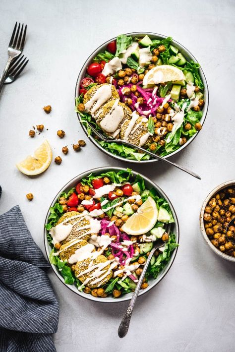 Mediterranean Salad with Falafel and Sumac Tahini Dressing | Crowded Kitchen Falafel Salad Dressing, Salad With Falafel, Vegan Falafel Salad, Falafel Salad Aesthetic, Falafel And Couscous, Falafel Food Photography, Falafel Bowls, Falafel Salad, Nourish Bowls