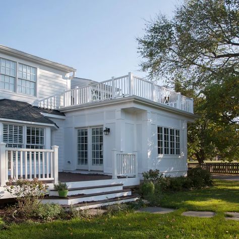 White Colonial House, Sunroom Inspiration, Deck Addition, Renovation Exterior, Colonial House Exteriors, White Colonial, Facade Ideas, Deck Remodel, Deck Makeover