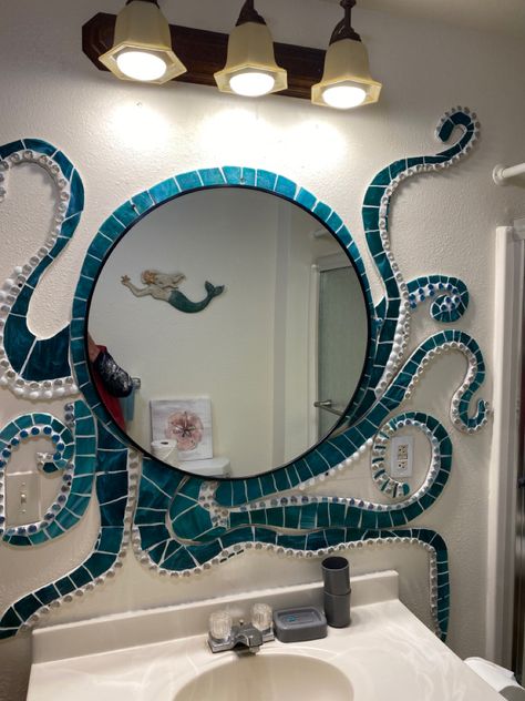 Octopus Bathroom Mirror, Dark Ocean Themed Bathroom, Ocean Home Interior Design, Sea Life Bathroom, Mermaid Aesthetic Room Decor, Gothic Beach Decor, Ocean Theme House, Ocean Bathroom Aesthetic, Beach Condo Bathroom