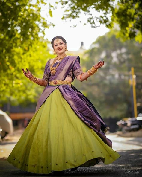 #cute bride in #different combination #lehenga #pistagreen #purple #designerlehenga Half Saree Purple Colour, Combination With Green Lehenga, Lehanga Combinations Designs, Half Saree Lehenga Purple Colour, Green And Purple Half Saree, Purple Colour Combinations Saree, Purple Dupatta Combination, Colour Combinations For Lehenga, Purple Combination Lehenga