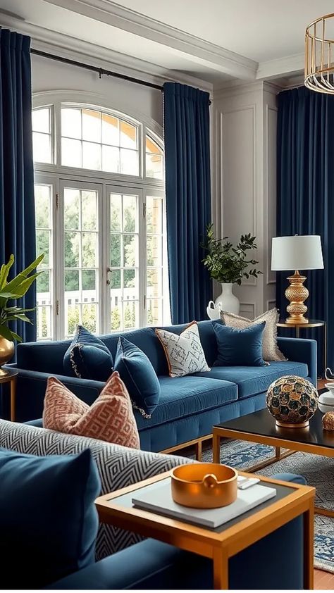 Elegant living room with blue sofas, large arched window, and gold accents. Blue Livingrooms Design Ideas, Blue And Silver Living Room, Living Room Designs Blue, Blue Living Rooms, Living Room Ideas For Men, Blue Velvet Sofa Living Room, Blue And Orange Living Room, Living Room Design Blue, Blue Living Room Ideas