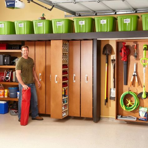 There's never enough storage space in garages, but rollout shelves and sliding bypass units can make more efficient use of sidewalls. Garage Update, Garage Storage Shelves, Garage Storage Systems, Sliding Shelves, Ceiling Storage, Diy Garage Storage, Garage Makeover, Garage Storage Organization, Garage Cabinets