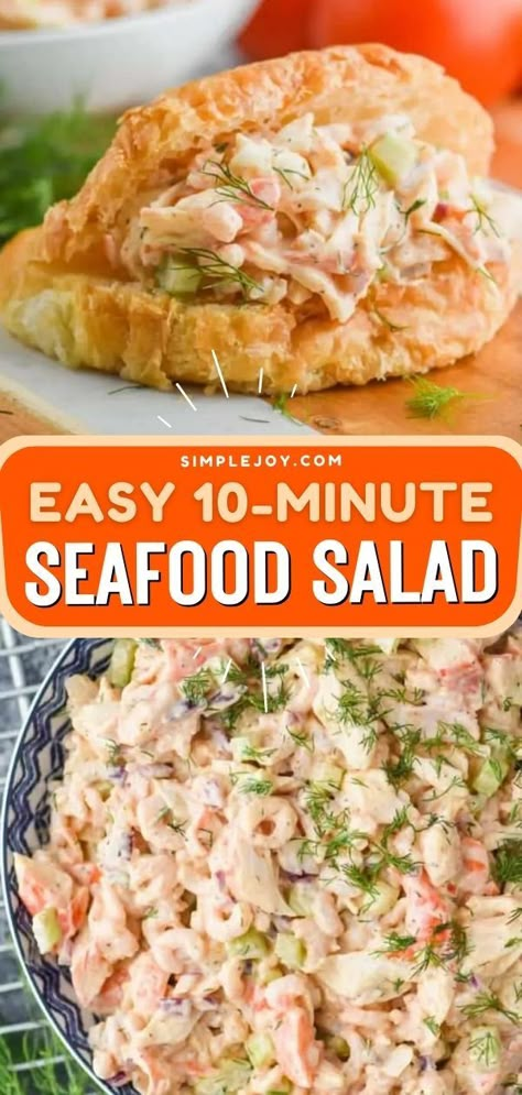 Add this easy seafood salad on your Labor day party food idea! Learn how to make a flavor-packed seafood salad in just 10 minutes with recipe! It's easy to throw together and is so much better than any store-bought. Try it! Sea Food Salad Ideas, Seafood Potluck Dishes, Seafood Salad Sandwich, Boat Lunches Ideas, Surimi Snow Leg Style Recipes, Seafood Salad Recipe With Crab Shrimp, Southern Seafood Salad, Seafood Salad Recipe With Crab, Crab Seafood Salad