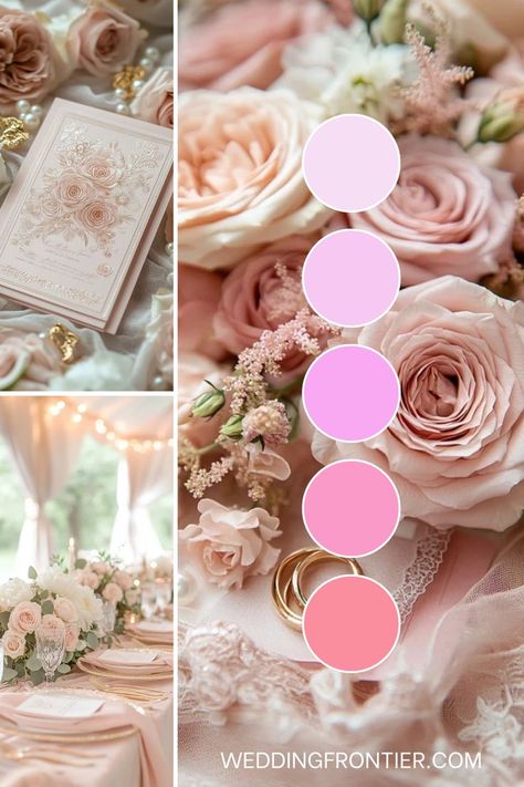 Blush pink wedding theme ideas for a soft, romantic feel. Pink Themed Wedding Color Combos, Wedding Color Palette Pink, Pink Wedding Theme Ideas, Blush Pink Wedding Theme, Desert Wedding Ideas, Blush Pink Theme Wedding, Blush Wedding Theme, Pastel Pink Weddings, Wedding Theme Ideas