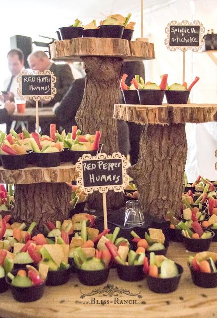 Wood Slice Food Display, Wedding Crudite Display, Wood Food Display, Cheese Display Wedding, Rustic Food Display, Table With Tree, Hiking Party, Veggie Display, Wood Slice Decor