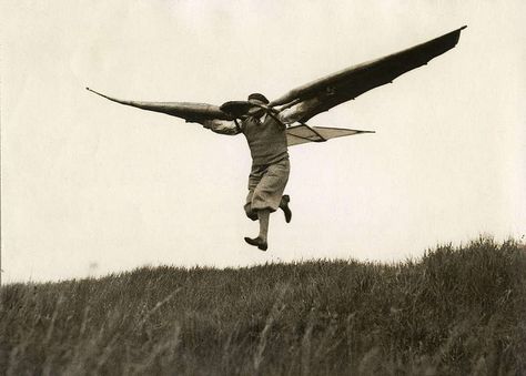 Bird man; the flying apparatus of Ellyson, a mechanic from Munich. Germany, 1932 Winged People, Learn To Fly, Bw Photo, White Photo, Vintage Photography, White Photography, Belle Photo, Bald Eagle, Old Photos