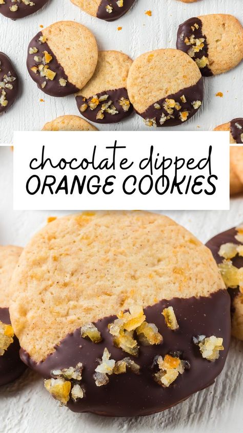 These Chocolate Dipped Orange Sugar Cookies are dipped in rich dark chocolate with candied orange peel on top. A delicious citrus addition to your holiday baking plans! Orange Sugar Cookies, Orange Peel Recipe, Chocolate Orange Cookies, Dark Chocolate Orange, Chocolate Dipped Cookies, Christmas Food Treats, Cookie Brownie Recipe, Candied Orange, Orange Cookies