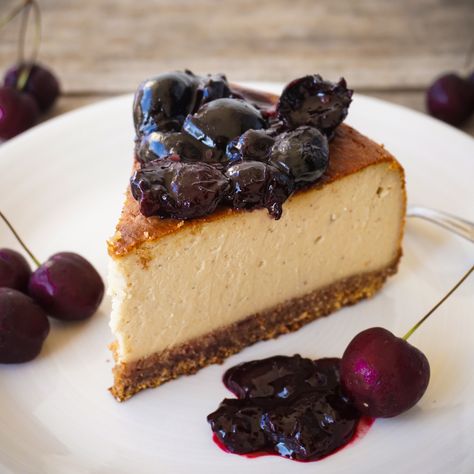 Creamy Vegan Cheesecake - The Tasty K Eggless Cheesecake, Raw Cheesecake, Baked Cheesecake, Cherry Sauce, Vegan Baked, Vegan Pie, Baked Cheesecake Recipe, Vegan Cakes, Vegan Cheesecake