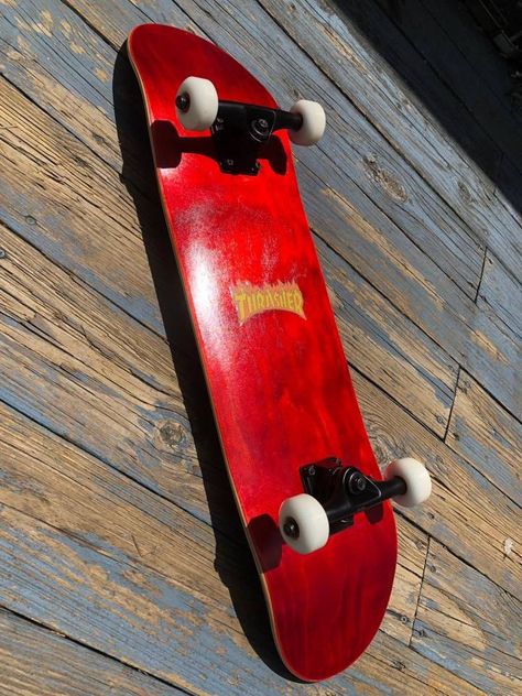 red blank board with thrasher sticker . follow @skurrwa Red Skateboard, Thrasher Skateboard, Strawberry Shortcake Costume, Red Blank, Skateboard Aesthetic, Strawberry Shortcake, Skateboard, Halloween, Red