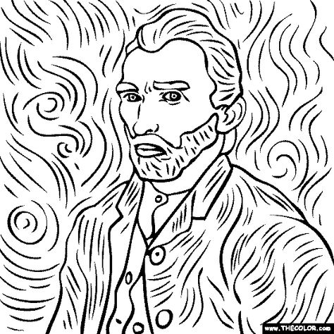 100% free coloring page of Vincent Van Gogh painting - Self Portrait. You be the master painter! Color this famous painting and many more! You can save your colored pictures, print them and send them to family and friends! Van Gogh Self Portrait Drawing, Famous Drawings Artists, Vincent Van Gogh Coloring Pages, Van Gogh Coloring Pages Free Printable, How To Draw Van Gogh, Van Gogh Outline, Painter Eye, Van Gogh Coloring Pages, Printable Drawings To Paint