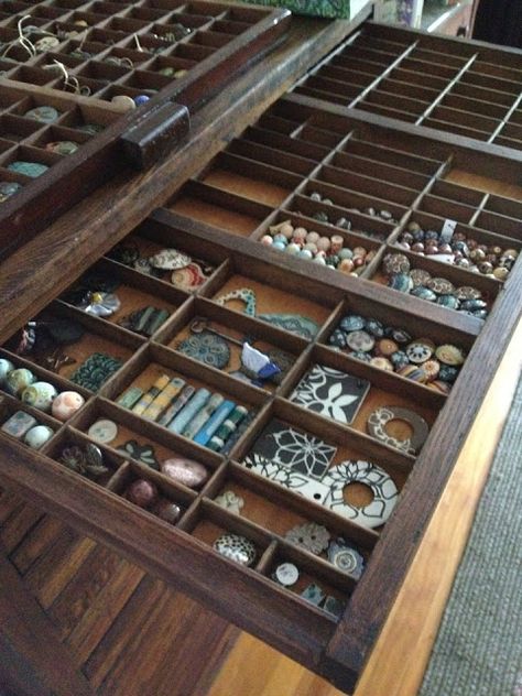 Art Bead Scene Blog: Amuse the Muse - Jewellery Packaging and Bead Storage with Rebecca of Songbead Letterpress Cabinet, Jewelry Studio Organization, Jewelry Storage Cabinet, Hello February, Jewerly Displays, Bead Organization, Printers Tray, Studio Organization, Bead Storage