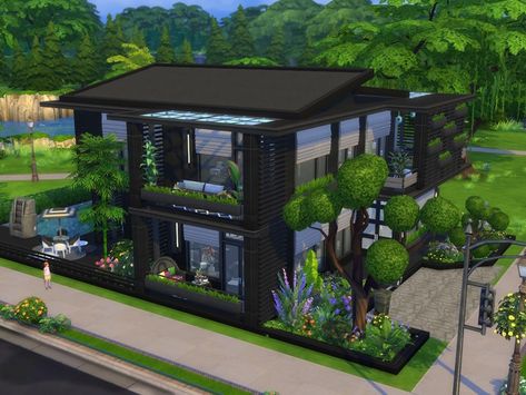 The Black House (noCC) ~ by Melly20x Sims 4 Modern House Gallery, Black Sims House, Black Modern House, Sims 4 Modern House, Lotes The Sims 4, The Sims 4 Lots, Sims Houses, Sims 4 House Plans, Sims 4 House Building