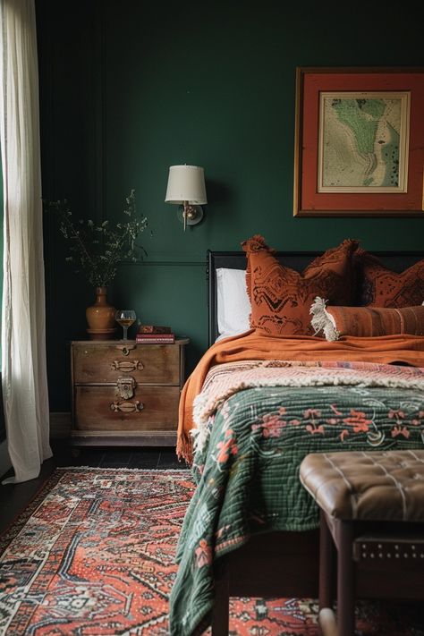 70+ Cozy Earthy Bedroom Ideas With Natural Elegance Dark Green Bedroom Ideas Colour Schemes, Hobbit Bedroom Ideas, Dark Green Boho Bedroom, Green And Rust Bedroom, Green And Red Bedroom, Pendleton Bedroom, Green And Terracotta Bedroom, Ranch Bedroom, Bedroom Vibes