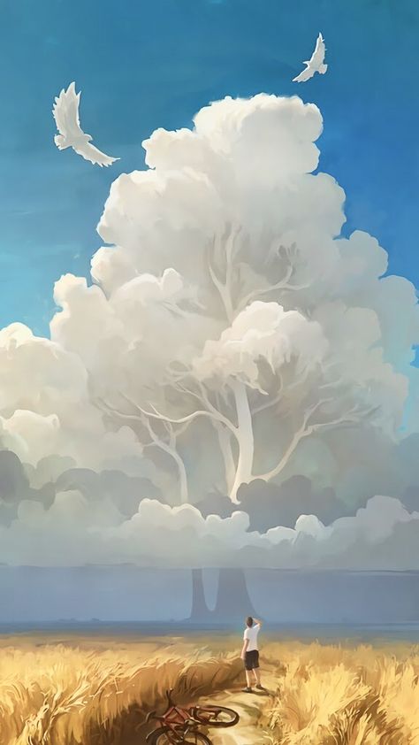 Wheat Field, Tree Illustration, Art Et Illustration, White Tree, Beginner Painting, Art And Illustration, 판타지 아트, Environment Concept Art, Fantasy Landscape