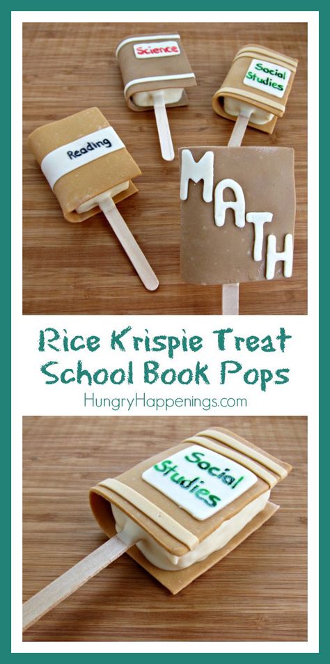 Book Themed Treats, Back To School Sweets, Literary Snacks, Rice Krispie Recipe, Publishing Party, Chocolate Dipped Rice Krispie Treats, Book Treats, Back To School Treats, Fun Rice Krispie Treats