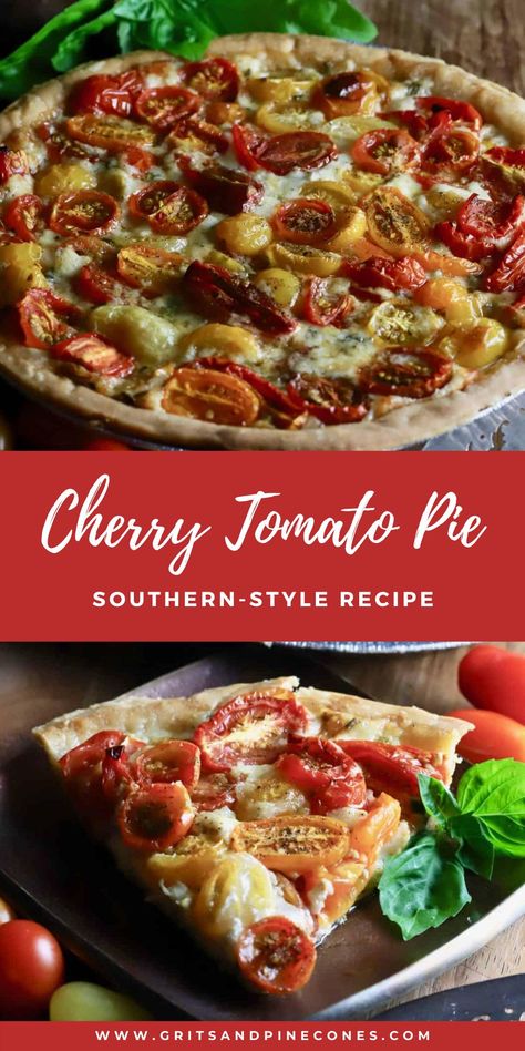 Tomato Pie With Cherry Tomatoes, Cherry Tomato Pie Recipe, Cherry Tomato Quiche Recipes, Recipes Using Cherry Tomatoes, Cherry Tomato Pie, Tomato Pie Recipe Easy, Fresh Vegetable Salad, Tomato Pie Recipe, Southern Cooking Recipes