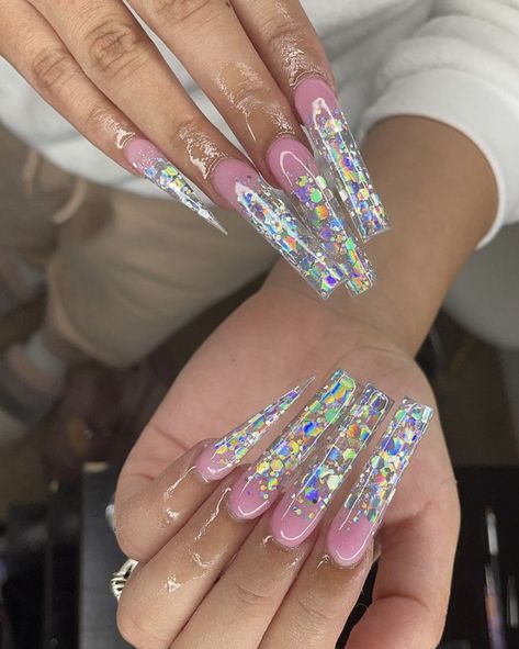 Holographic Glitter Nails Acrylic, Pixie Crystal Nails, Sparkling Nails, Year Nails, Santa Nails, Dope Nail Designs, Her Nails, Exotic Nails, Long Acrylic Nails Coffin