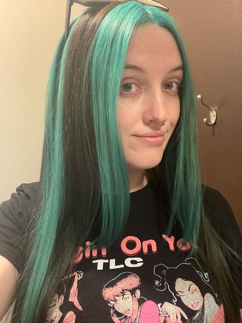 Green Chunky Highlights, Blue Chunky Highlights, Goth Summer Outfits, Teal Highlights, Blue Hair Highlights, Dark Green Hair, Skunk Hair, Chunky Highlights, Ash Hair