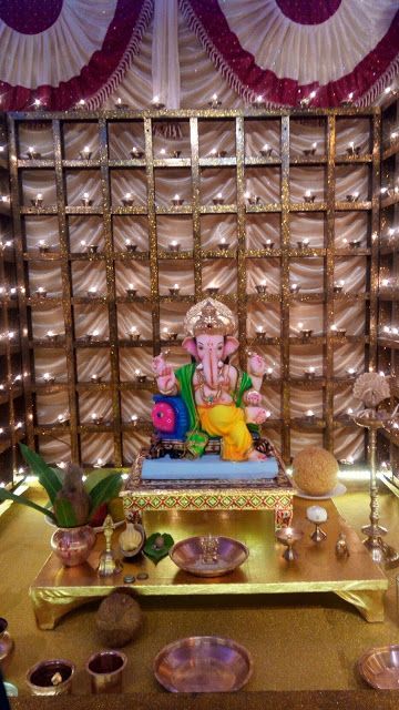 27 Best Trending Ganesh Chaturthi Decoration Ideas for home 2019 Light Decoration For Ganpati, Ganpati Lighting Decoration, Wedding Backdrop Ceremony, Ganapati Decorations, Flower Decoration For Ganpati, Eco Friendly Ganpati Decoration, Bappa Decoration, Ganesha Decoration, Ganesha Festival