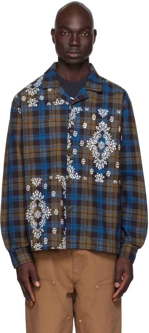 Cotton flannel shirt. Check pattern and paisley pattern throughout. · Open spread collar · Button closure · Logo flag at chest · Patch pockets at chest · Vented side seams · Adjustable single-button barrel cuffs Supplier color: Blue Mens 2024 Trends, Patchwork Button Down Shirt, Check Shirt Man Fashion Styles, Paisley Print Pattern, 2025 Trends, Supreme Brand, Button Up Shirt Men, Awake Ny, Brand Launch