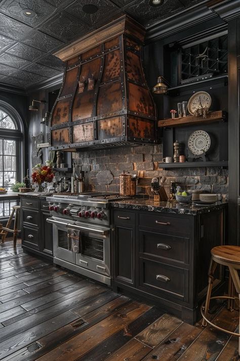 Black Home Aesthetic, Steampunk Kitchen, Custom Kitchen Remodel, Dark Home Decor, Rustic Kitchen Design, Dark Home, Dream House Interior, Gothic House, Rustic Cabin