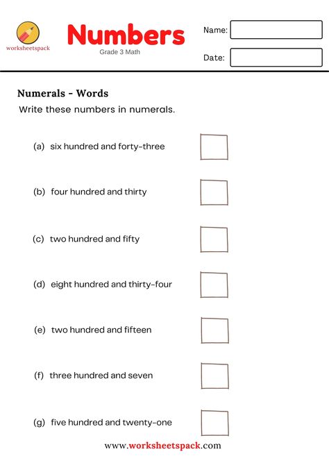 Free numbers to words worksheets for grade 3 (MATH PRINTABLE). Numerals And Number Words Worksheet, Number In Words Worksheet Grade 3, Write In Words Worksheet Maths, Addition 3 Digit Numbers Worksheets, Maths Worksheets Grade 3, Numerals Worksheets, Patterns Worksheet, Grade 3 Math, Number Words Worksheets