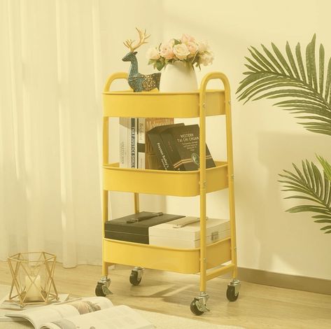 3 level yellow trolley with 4 wheels for storage Makeup Storage Cart, Metal Utility Cart, Makeup Cart, Office Yellow, Hair Salon Art, Makeup Bathroom, Rolling Utility Cart, Organization Cart, Cart With Wheels