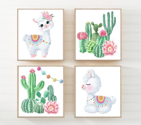 Cactus Prints, Llama Nursery, Wall Art Set Of 4, Cactus Art Print, Olivia Grace, Nursery Pictures, Nursery Wall Art Girl, Bathroom Art Prints, Cute Llama